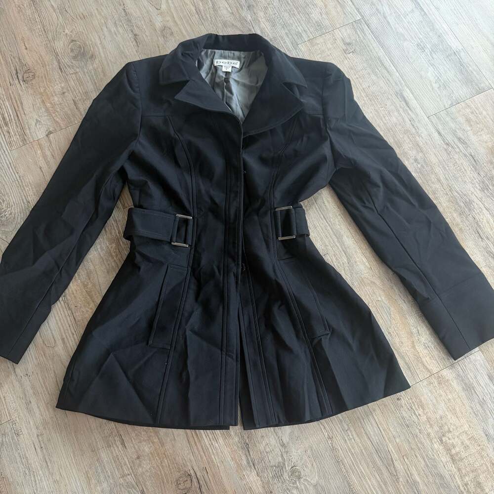 Bebe Black Belted Fit and Flare Trench Coat Jacket Size 4